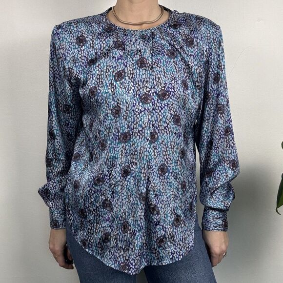 Vintage 80s Abstract Silky Satin Jewel Tone Blouse, Hong Kong - Picture 2 of 10